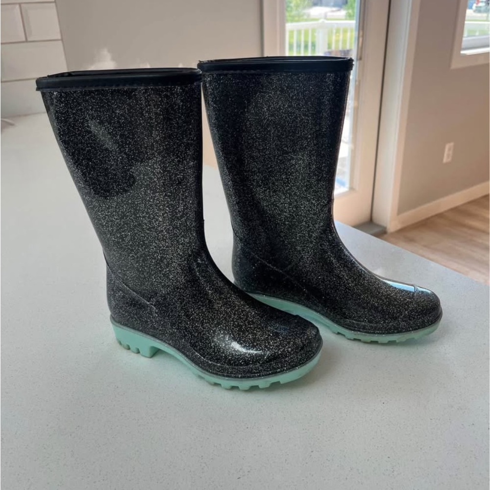 Girls Black and Mint Glitter Insulated Rain Boots